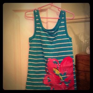 Girls blue and white striped tank with pink flower