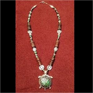 Shimmery Green & Silver Turtle Necklace
