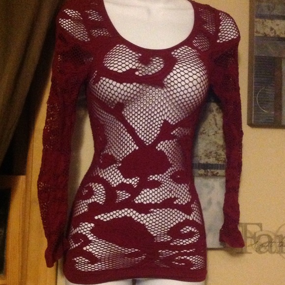 JL Tops - NEW JL Mesh top shirt Burgandy OS NET sexy