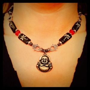 Silver, Red & Black Buddha Beaded Necklace