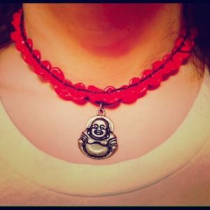 Silver Buddha & Red Rose Leather Choker