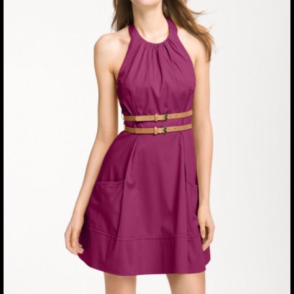 Jessica Simpson Purple Belted Cotton Halter Dress
