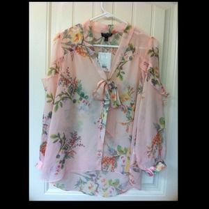 NWT Topshop Pussybow Neck Blouse Floral Pink US2