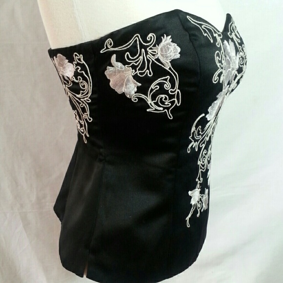 Black Satin, White embroidered Corset Top - Picture 2 of 4