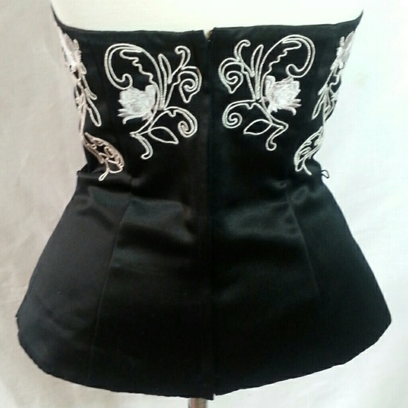 Black Satin, White embroidered Corset Top - Picture 3 of 4
