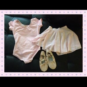 Pink leotard, matching skirt and ballet shoes