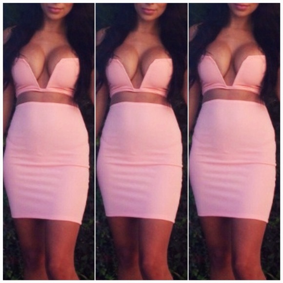 sold - Peach pink v cut mesh panel club wear dr