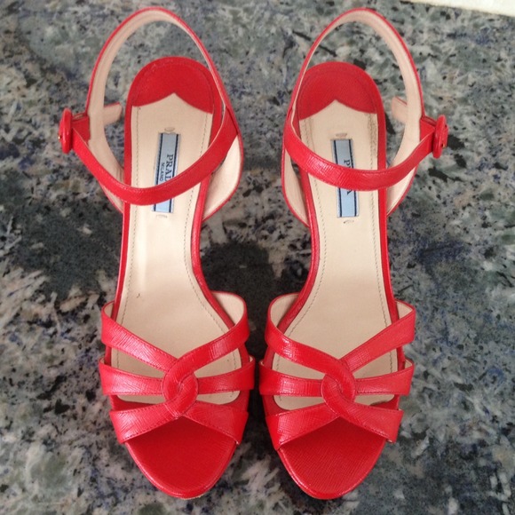 Prada Shoes - Prada Saffiano leather platform sandals red 39.5