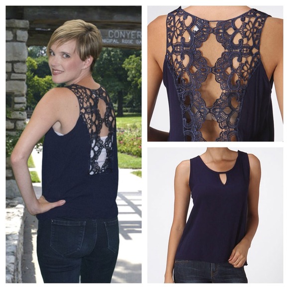 Navy Crochet Back Top