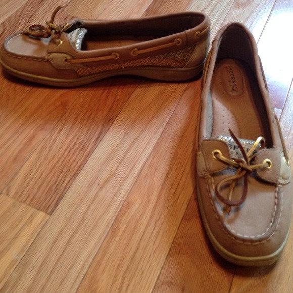 Tan and gold Sperrys