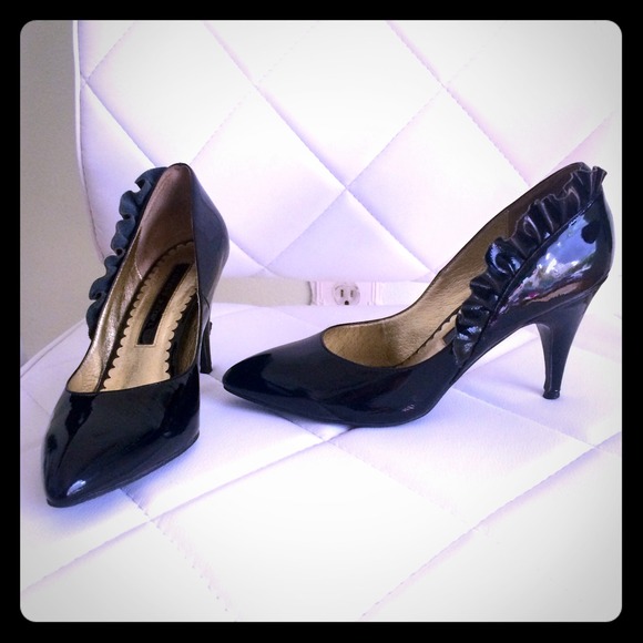 Urban Outfitters Shoes - Black patent leather ruffle detail heels pumps