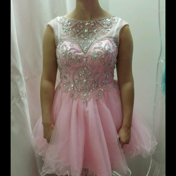 A pink high neck homecoming dress.