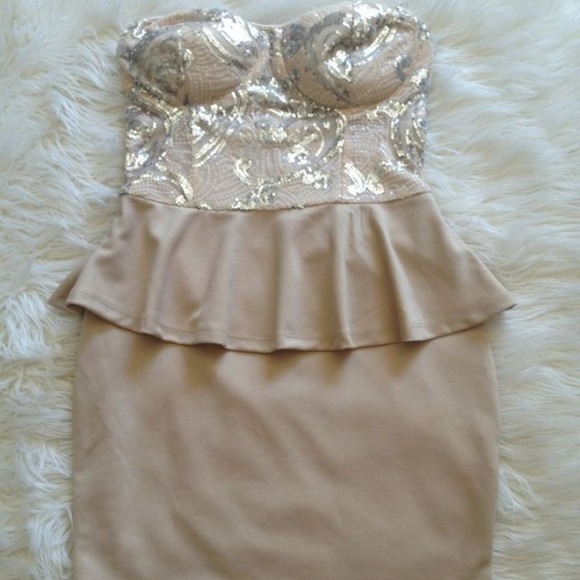 Bebe nude sequin peplum dress size m med