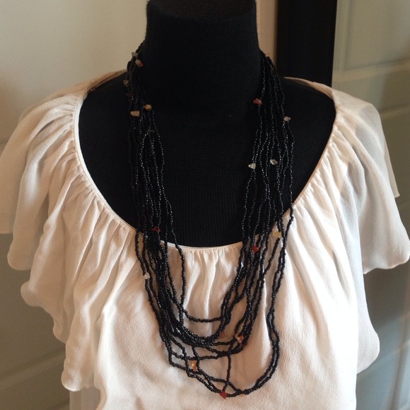 Multi strand black bead necklace w earthtone too