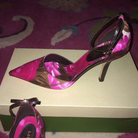 New Kate Spade Pink Floral Fabric Anklestrap Heels