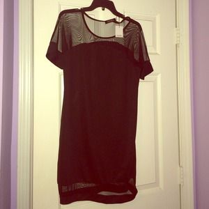 Black Shift Dress with Contrast Mesh Panel