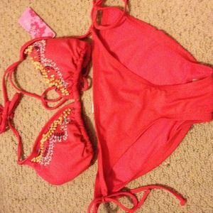 Coral beaded bikini set
