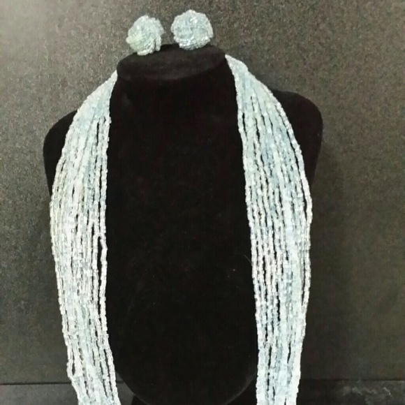 Blue seed bead necklace and earring set.
