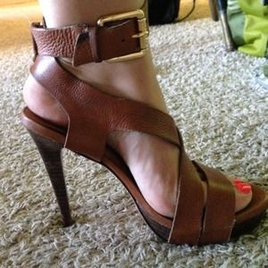 KORS Michael Kors Cognac Leather Stacked Heels 7.5