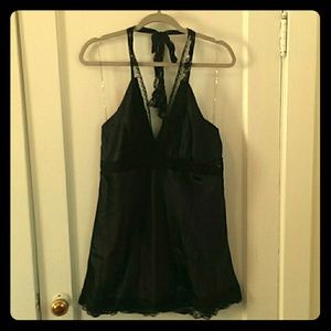 Black satin and lace halter top, lingerie style