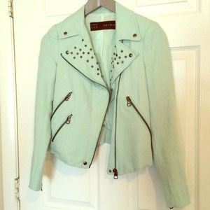 Studded mint moto jacket.