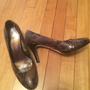 AK dark brown faux-snake platform heels