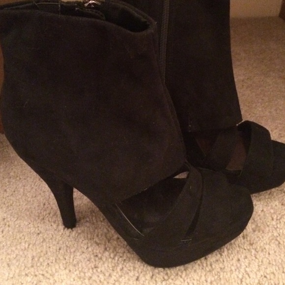 Black suede open toe bootie