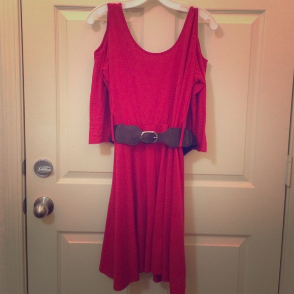 Red 3/4 sleeve, cold shoulder dress