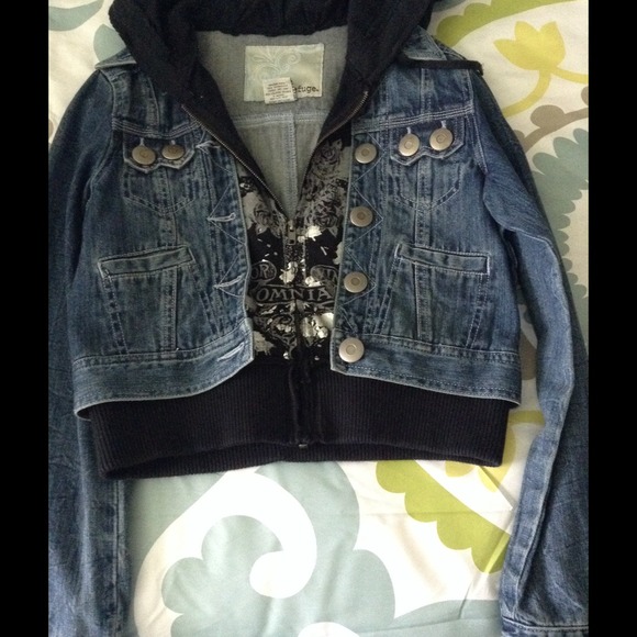 Cute jean jacket with sweatshirt underneath.