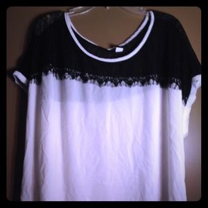 Torrid white sheer top with black lace top.