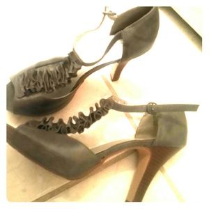 Slate Gray Peep Toe Pumps with Ruffle Detail Top