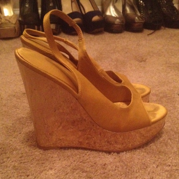 Yellow satin sling back wedges