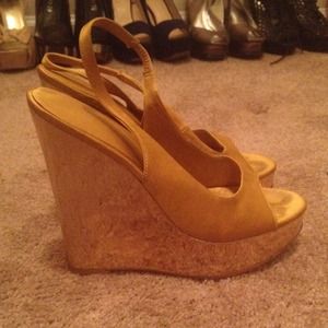 Yellow satin sling back wedges
