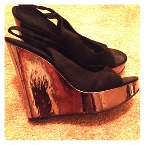 Black sling back satin wedges