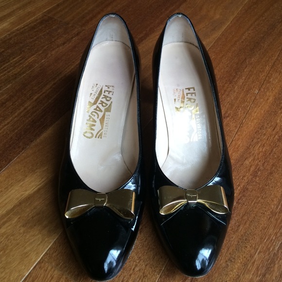Salvatore Ferragamo Shoes - Ferrgamo patent heels with gold metal bow