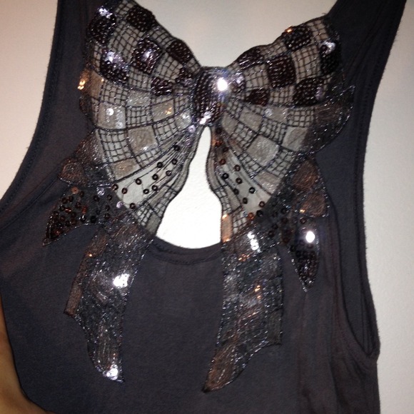 Flirty, gray silver sequin bow back tank top Lg - Picture 4 of 4