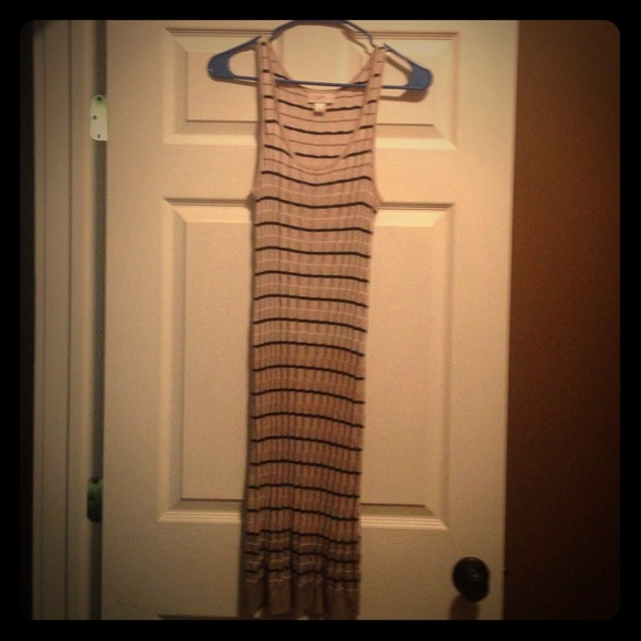 Tan striped dress, ready to wear to work.