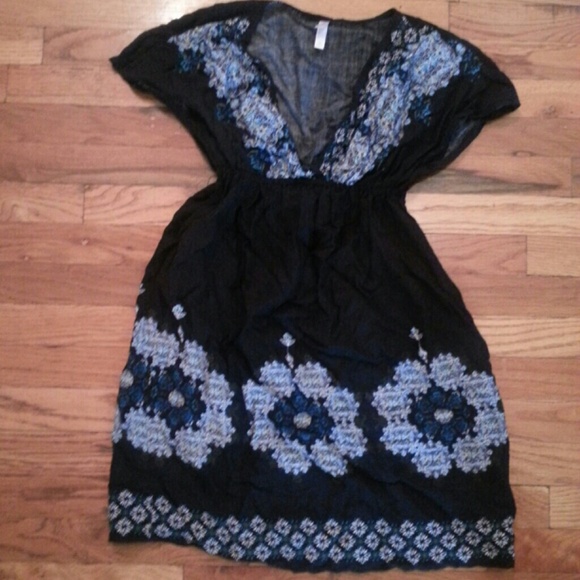 Black & Blue Flower Child V-neck A-line Mini Dress