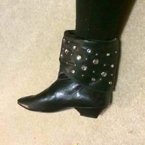 SALE Vintage Black Leather Embellished Booties
