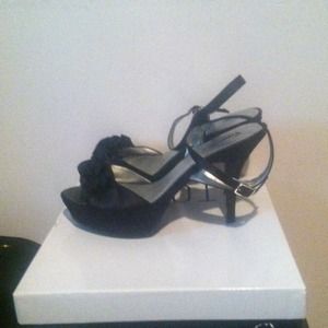 Black ruffle satin heels