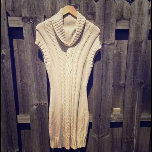 Express light biege sweater dress w gold threading