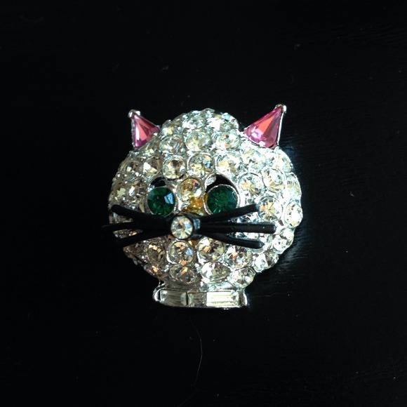VINTAGE RHINESTONE CAT HEAD BROOCH - Picture 1 of 4