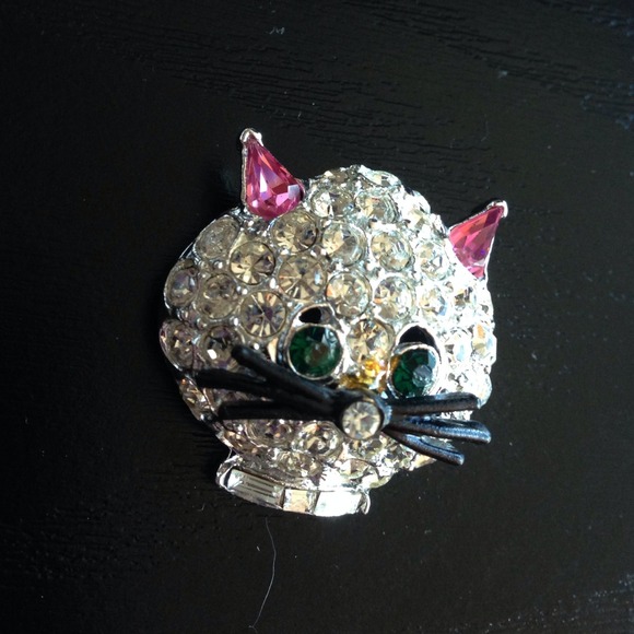 VINTAGE RHINESTONE CAT HEAD BROOCH - Picture 2 of 4