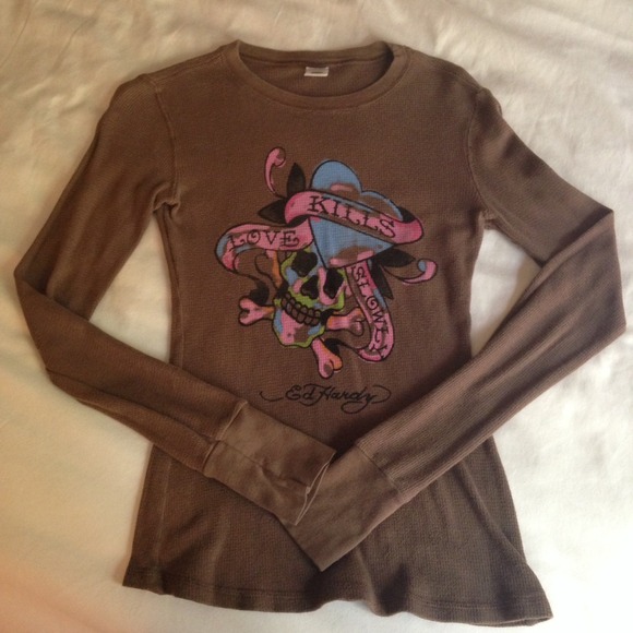 Ed Hardy brown long sleeve thermal sz S
