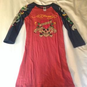 Ed Hardy red tunic with navy 3/4 sleeves sz M