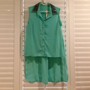 Teal Collared High Low Tank Top