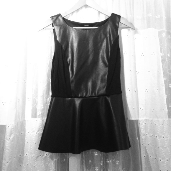 Black peplum pleather top. Worn only once !🐧 - Picture 1 of 3