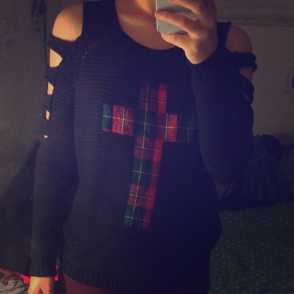 Plaid Cross Cut Out Shoulder Sweater