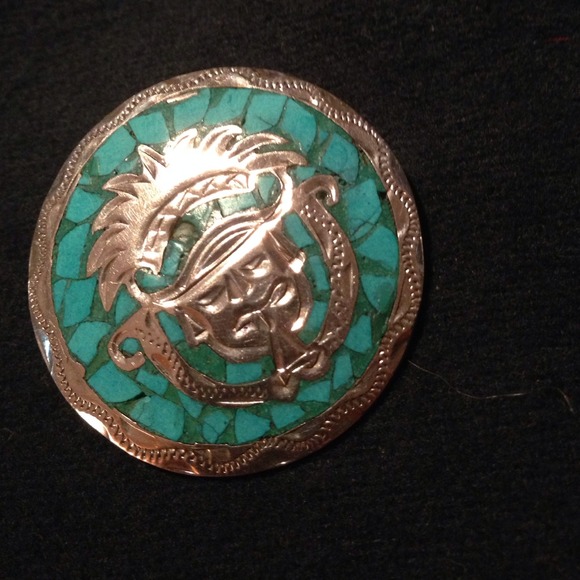 .925 STERLING TURQUOISE MEXICAN WARRIOR PIN PENDA - Picture 3 of 3
