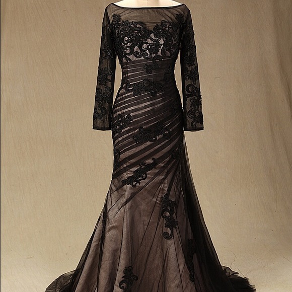 Black organza and lace beaded long dress